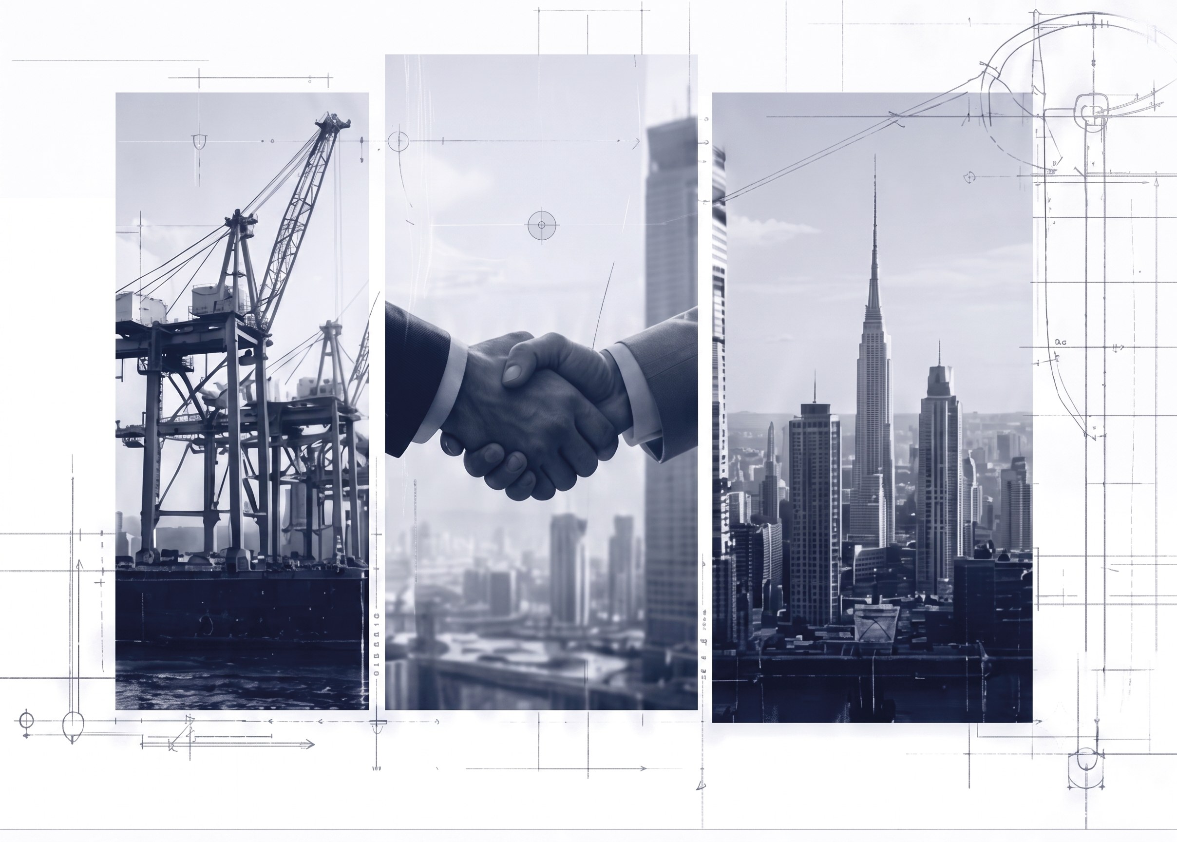 Port cranes, a business handshake, and a city skyline representing IGI's role connecting industry and production