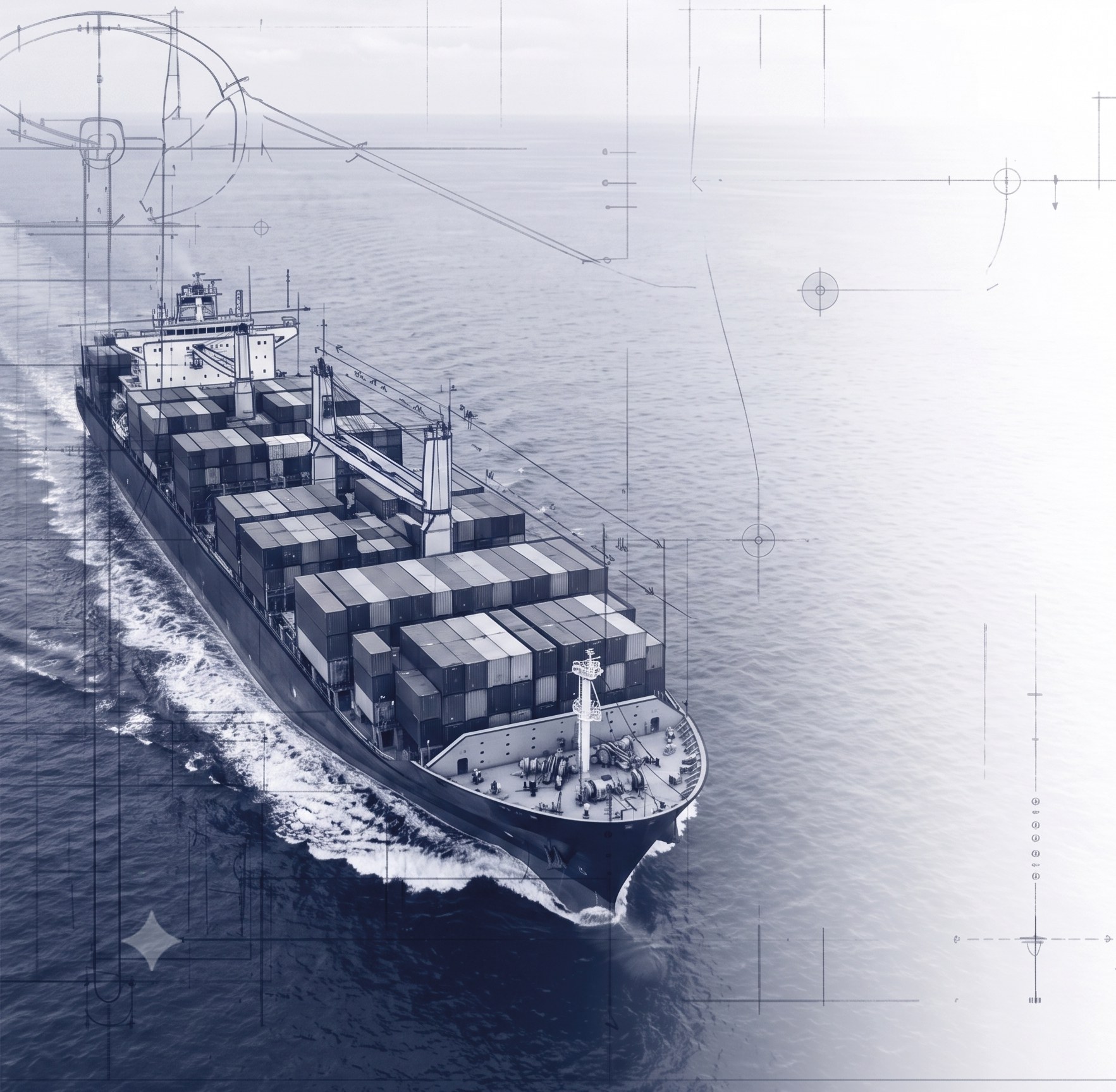 Aerial view of a cargo ship at sea loaded with containers